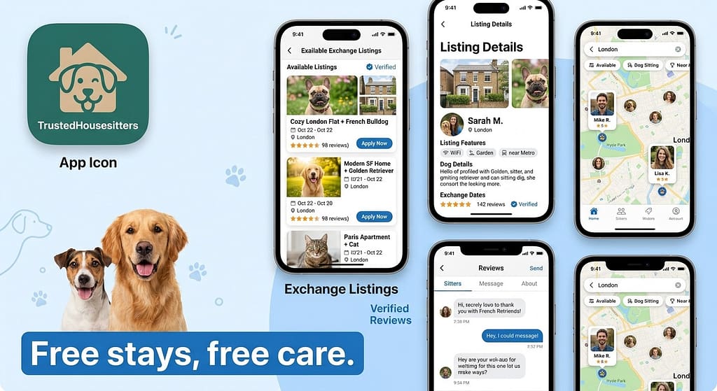 App icon + screenshot collage TrustedHousesitters app icon + exchange listings. Text: "Free stays, free care."