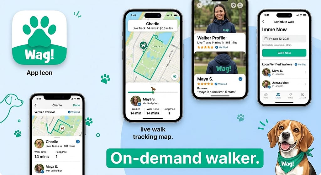 App icon + screenshot collage Wag! app icon + live walk tracking map. Text: "On-demand walker."