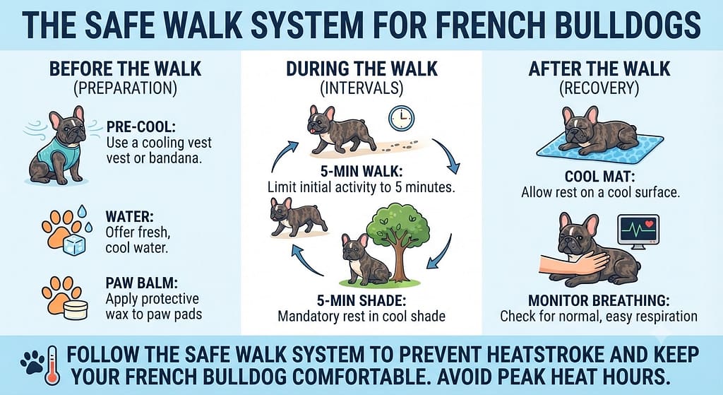 Walk protocol infographic Before: pre-cool, water, paw balm / During: 5-min walk, 5-min shade / After: cool mat, monitor breathing. Text: "The safe walk system."