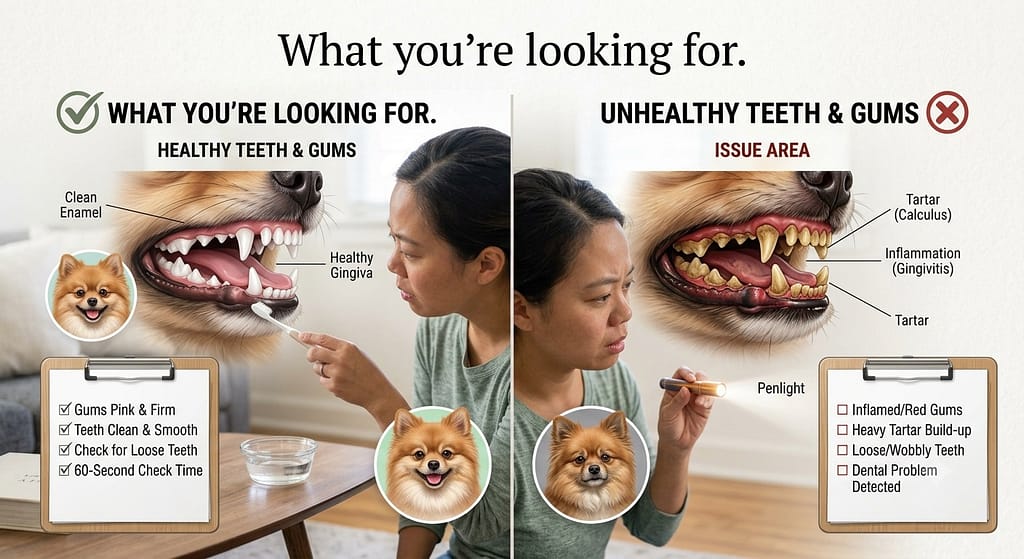 Healthy vs. unhealthy teeth comparison Side-by-side: clean white teeth vs. yellow/brown with tartar. Text: "What you're looking for."