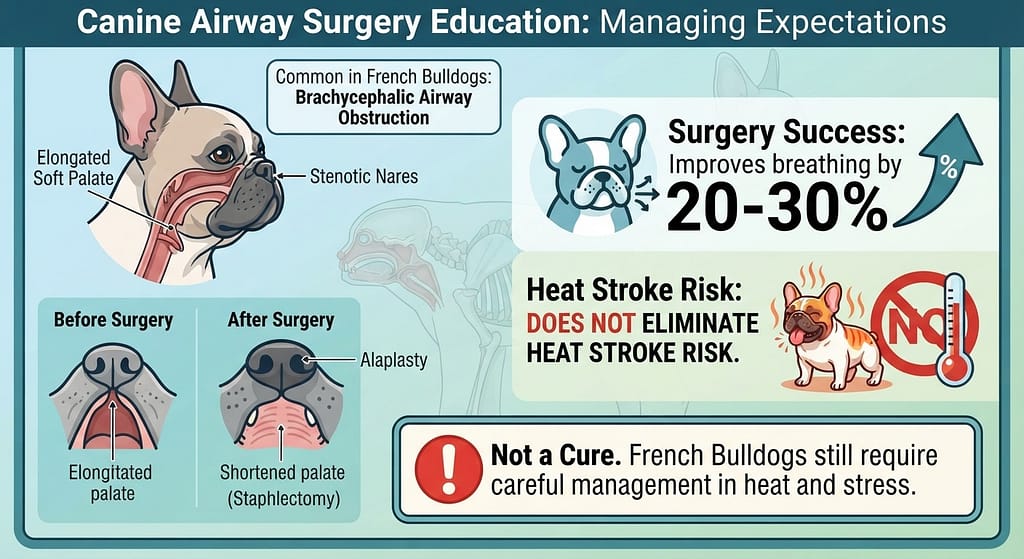 Surgery education graphic Palate resection/nostril widening improves breathing 20-30% but does NOT eliminate heat stroke risk. Text: "Not a cure."
