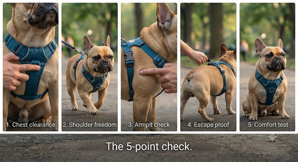 Fit test sequence (5 images) 1. Chest clearance / 2. Shoulder freedom / 3. Armpit check / 4. Escape proof / 5. Comfort test. Text: "The 5-point check."