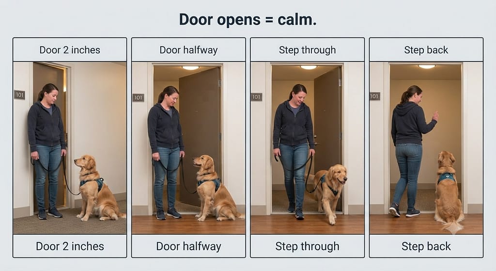 Threshold sequence (4 images) 1. Door 2 inches / 2. Door halfway / 3. Step through / 4. Step back. Text: "Door opens = calm."