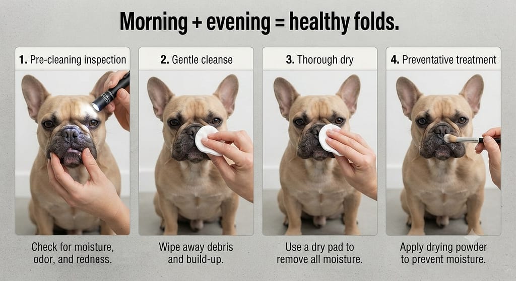Morning protocol sequence (4 images) 1. Pre-cleaning inspection / 2. Gentle cleanse / 3. Thorough dry / 4. Preventative treatment. Text: "Morning + evening = healthy folds."
