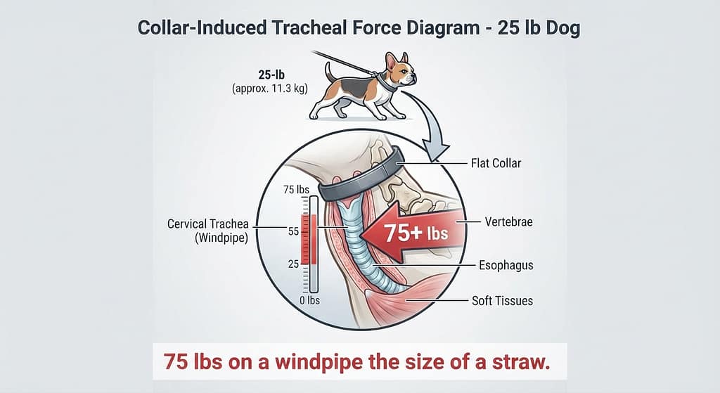 Force diagram 25-lb dog pulling: 25-75+ lbs of force on trachea. Text: "75 lbs on a windpipe the size of a straw."