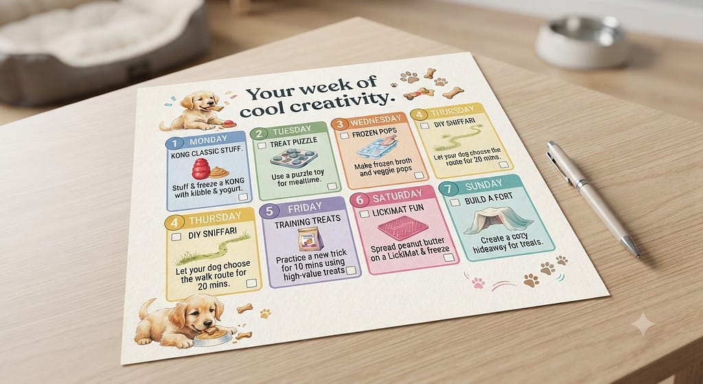 Printable calendar preview 7-day challenge with daily tasks. Text: "Your week of cool creativity."