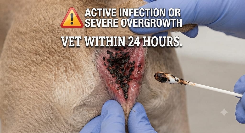 Odor warning graphic Active infection or severe overgrowth. Text: "Vet within 24 hours."