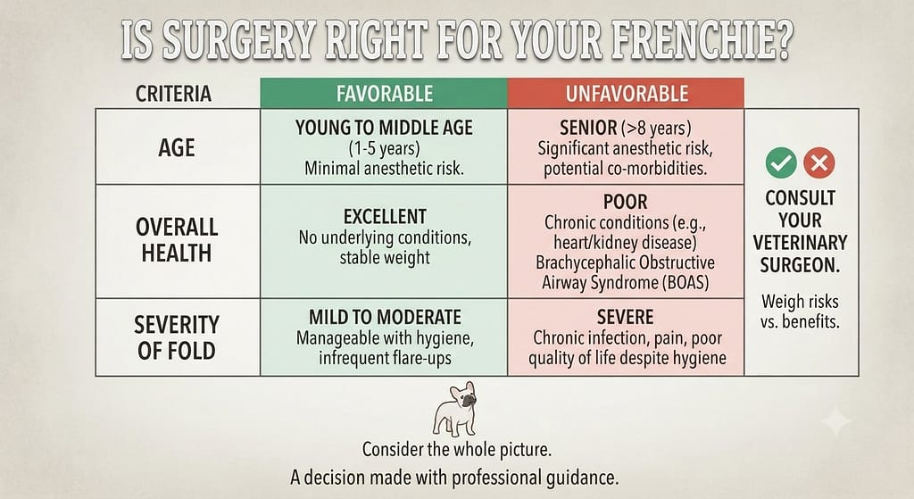 Decision matrix Age, overall health, severity. Text: "Is surgery right for your Frenchie?"