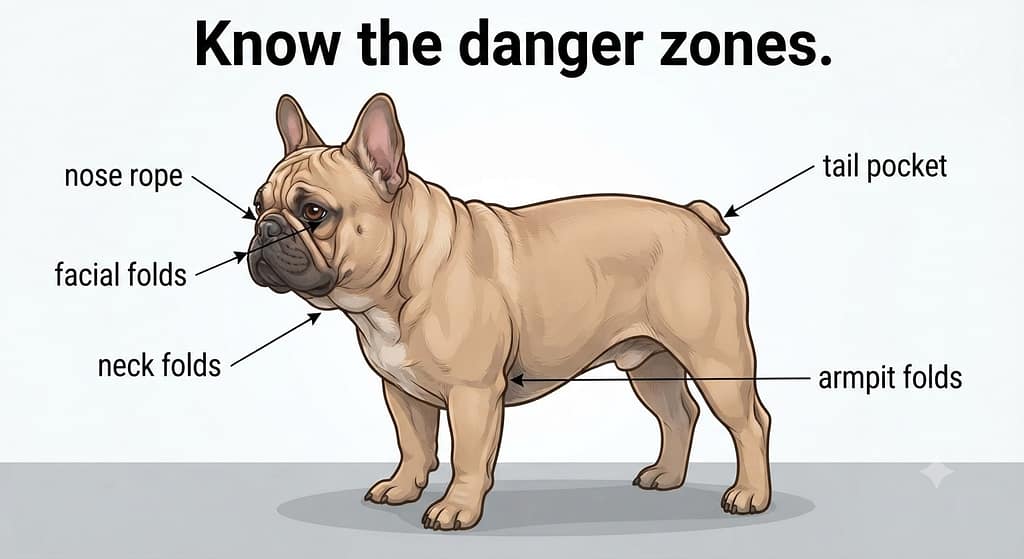 Frenchie fold map diagram Annotated Frenchie with labeled zones: nose rope, facial folds, neck folds, tail pocket, armpit folds. Text: "Know the danger zones."
