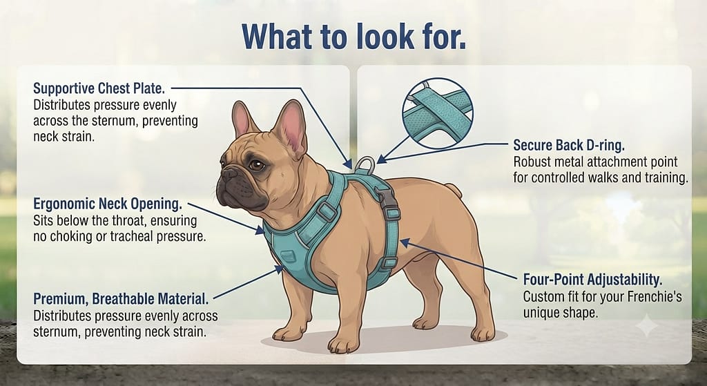 Feature callout diagram Annotated harness with: chest plate design, neck opening, material, clip placement. Text: "What to look for."