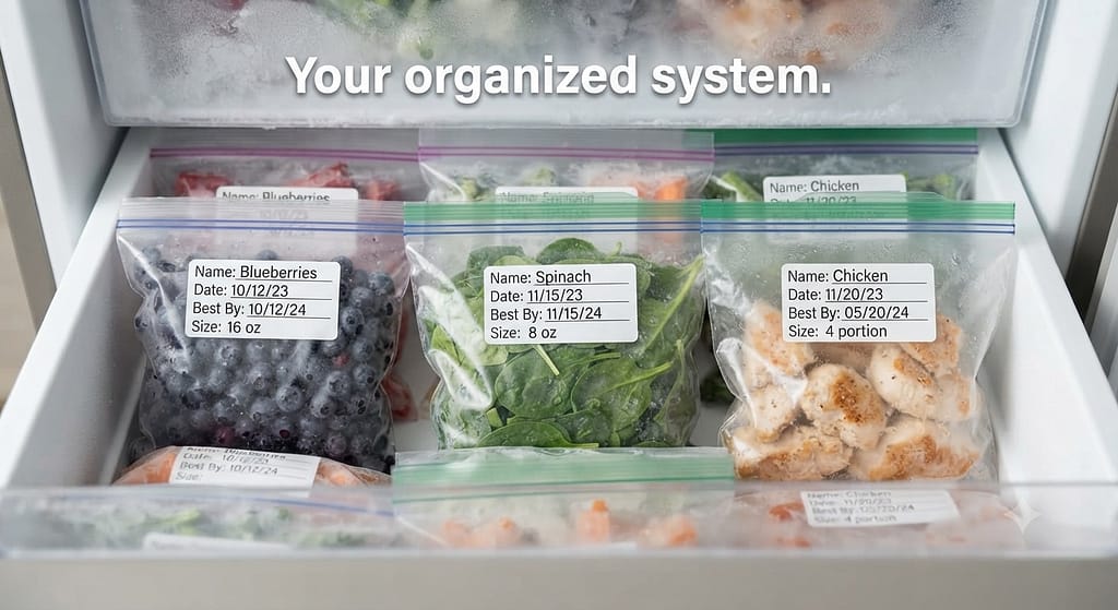 Labeled freezer bags photo Bags labeled with name, date, best by, size. Text: "Your organized system."