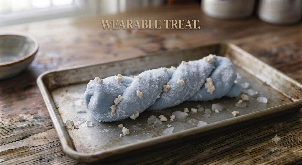 Frozen bandana photo Bandana rolled with yogurt mixture, frozen. Text: "Wearable treat."
