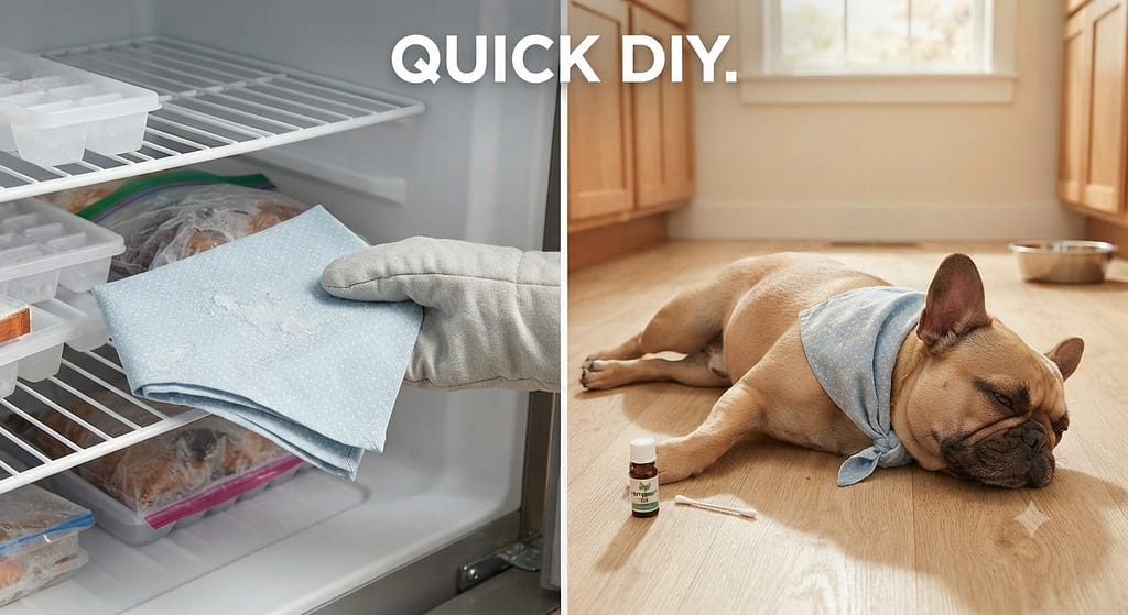 Cooling collar photo Bandana with peppermint oil, frozen, tied loosely. Text: "Quick DIY."