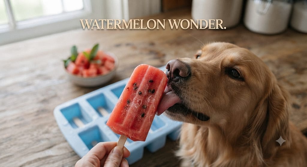 Finished watermelon popsicle photo Beautiful red popsicle with watermelon seeds visible, dog licking. Text: "Watermelon wonder."