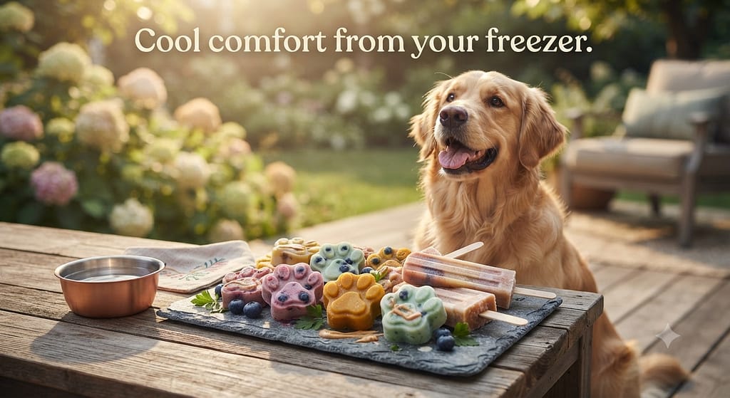 Aspirational hero photo Beautifully styled frozen treats (popsicles, paw molds) with dog looking excited. Text: "Cool comfort from your freezer."