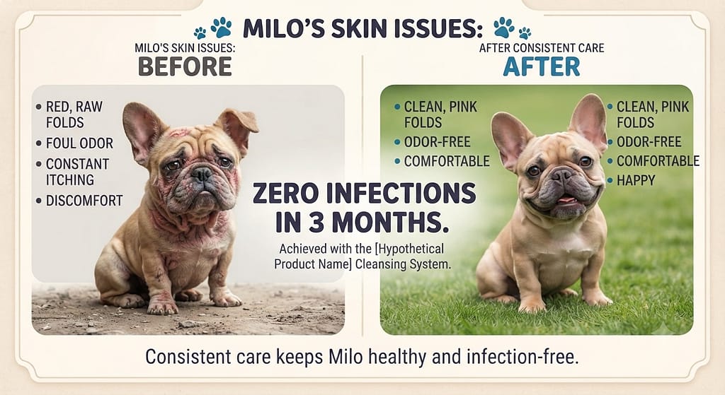 Milo before/after Before: red, raw folds, odor. After: clean, pink folds, happy. Text: "Zero infections in 3 months."