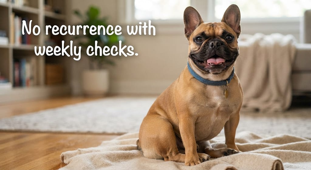 Bella healthy photo Happy Frenchie, tail pocket clean. Text: "No recurrence with weekly checks."