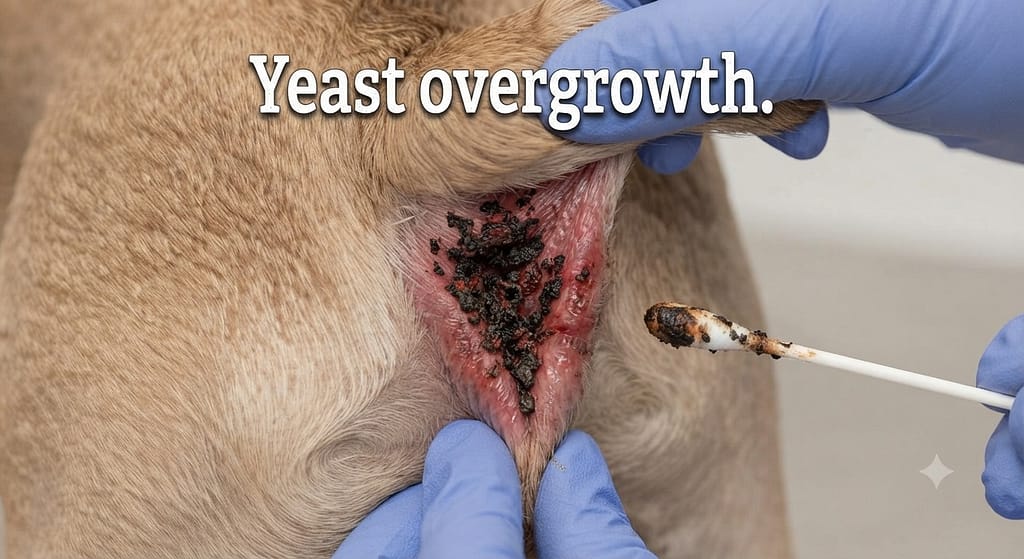 Black gunk close-up Black/brown debris in fold (yeast). Text: "Yeast overgrowth."