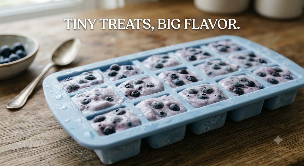 Ice cube tray close-up Blueberry yogurt cubes in tray. Text: "Tiny treats, big flavor."