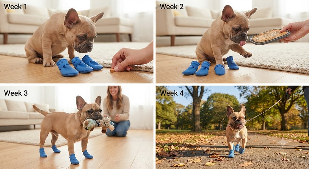 Bootie training sequence (4 images) Week 1: Treats near booties / Week 2: One bootie 30 sec / Week 3: All booties 1 min / Week 4: Outdoor walk.