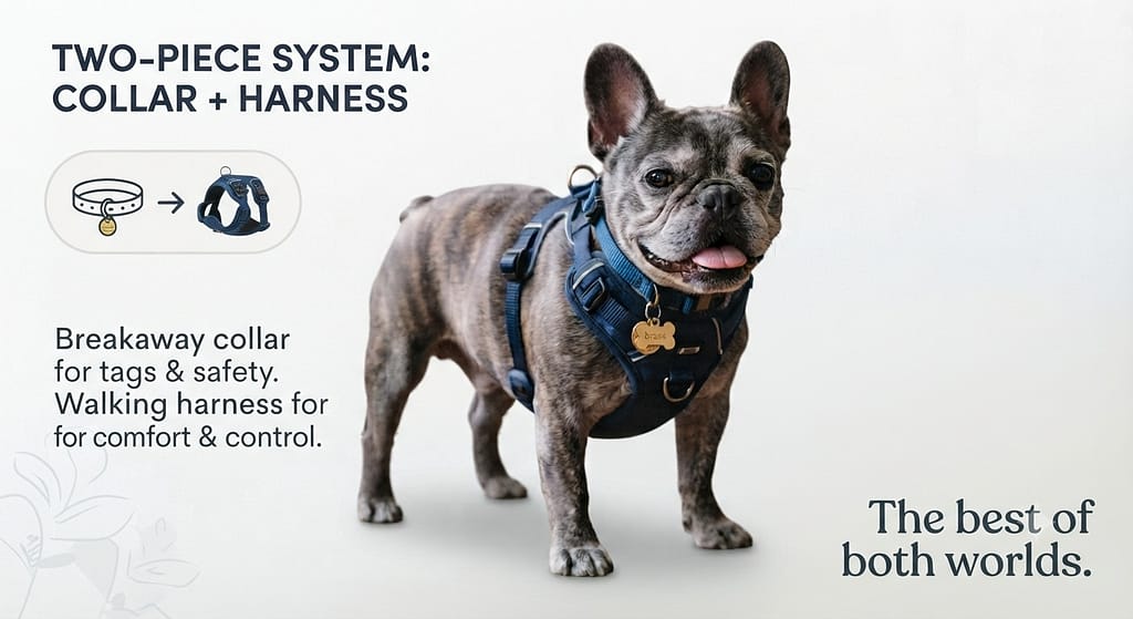Two-piece system photo Breakaway collar with tags + walking harness. Text: "The best of both worlds." P