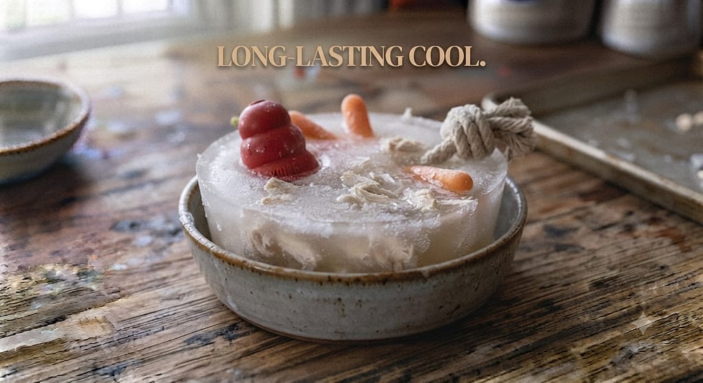 Iceberg treat photo Broth bowl with toys/carrots sticking out of ice. Text: "Long-lasting cool."
