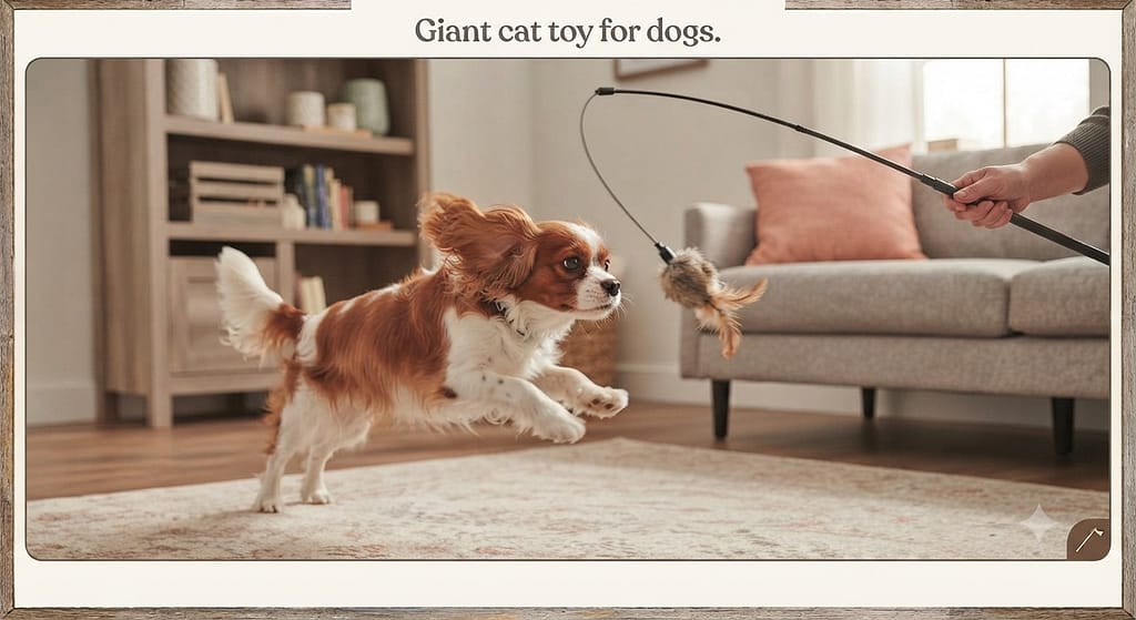 Flirt pole action photo Cavalier chasing flirt pole lure. Text: "Giant cat toy for dogs."