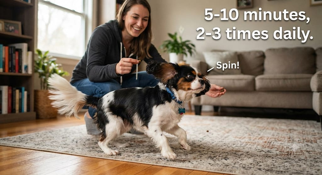 Training action photo Cavalier learning "spin" with treat lure. Text: "5-10 minutes, 2-3 times daily."