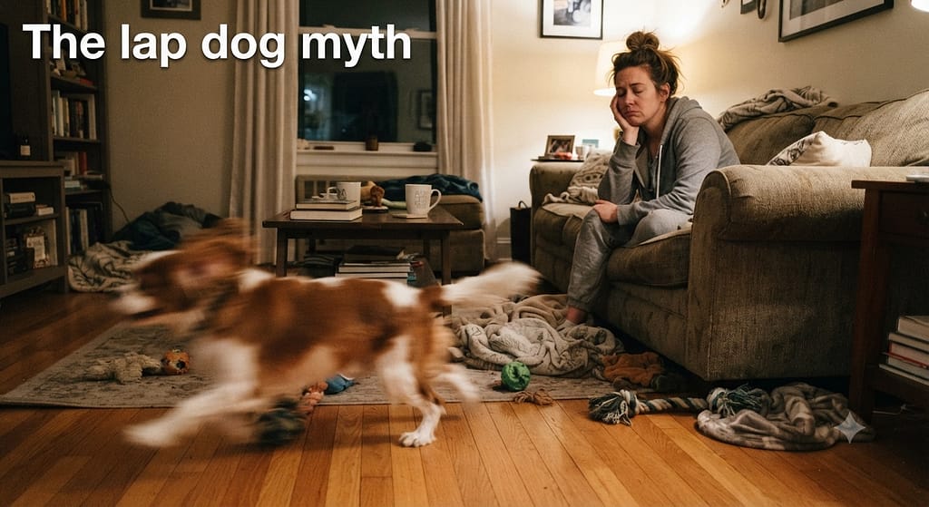 Relatable "zoomies" photo Cavalier mid-zoom around living room, blurry action shot, owner looking exhausted. Text: "The lap dog myth