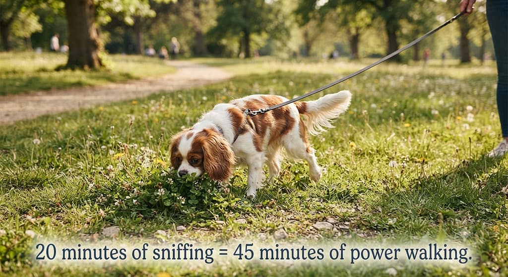 Sniffari action photo Cavalier sniffing ground on long leash, exploring. Text: "20 minutes of sniffing = 45 minutes of power walking."