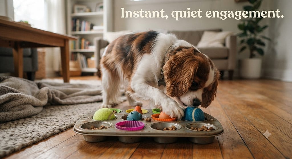 Muffin tin puzzle action photo Cavalier solving muffin tin game. Text: "Instant, quiet engagement."