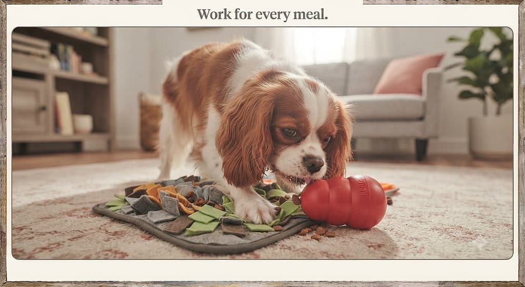 Kong/snuffle mat action photo Cavalier working on food puzzle. Text: "Work for every meal."