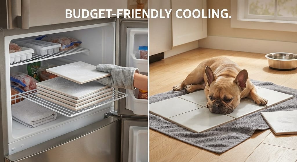 Tile station photo Ceramic tiles in freezer, then on floor with towel. Text: "Budget-friendly cooling."