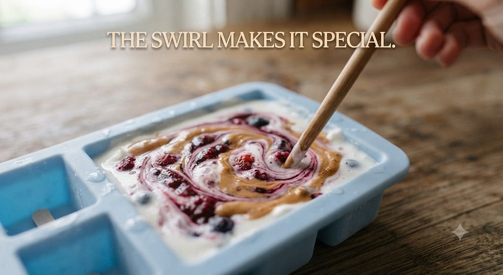 Swirl technique close-up Chopstick swirling yogurt, PB, berries in mold. Text: "The swirl makes it special."