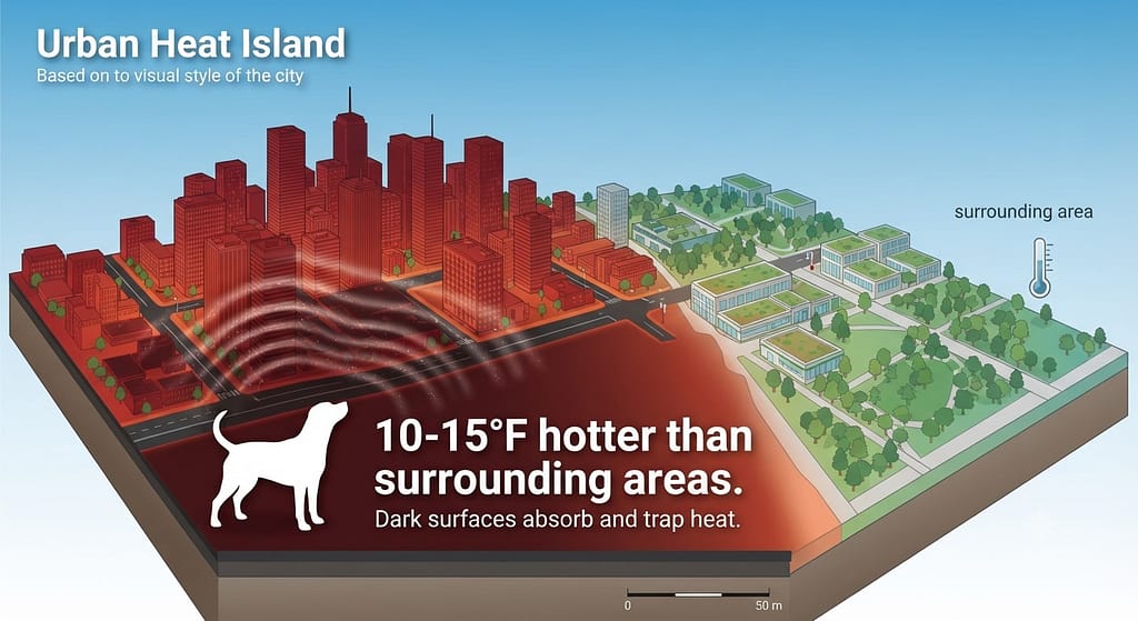 Urban heat island graphic City with heat radiating from pavement, dog silhouette. Text: "10-15°F hotter than surrounding areas."