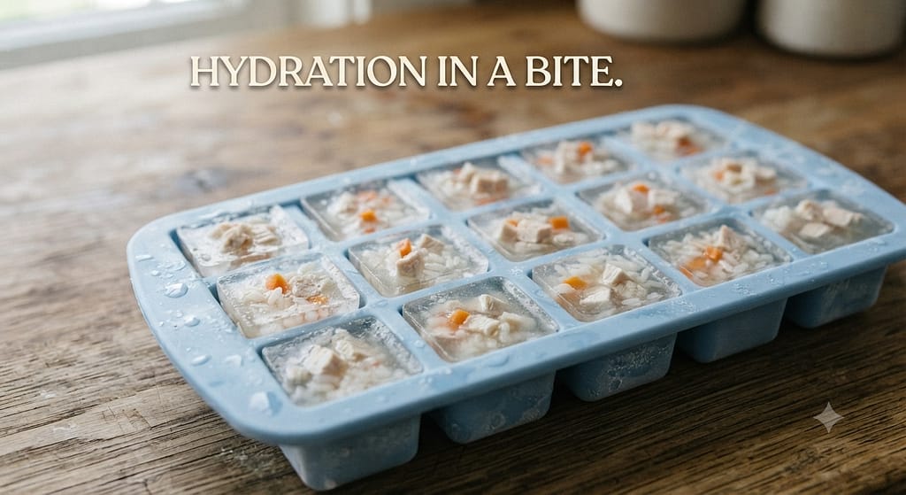 Chicken broth cubes photo Clear broth cubes with visible rice/carrot pieces. Text: "Hydration in a bite."