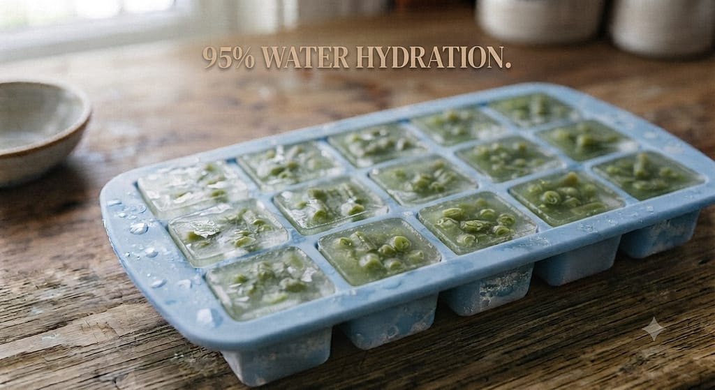 Celery water cubes photo Clear cubes with tiny celery pieces. Text: "95% water hydration."