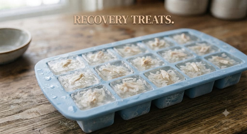 Bland bite photo Clear cubes with visible chicken and rice. Text: "Recovery treats."