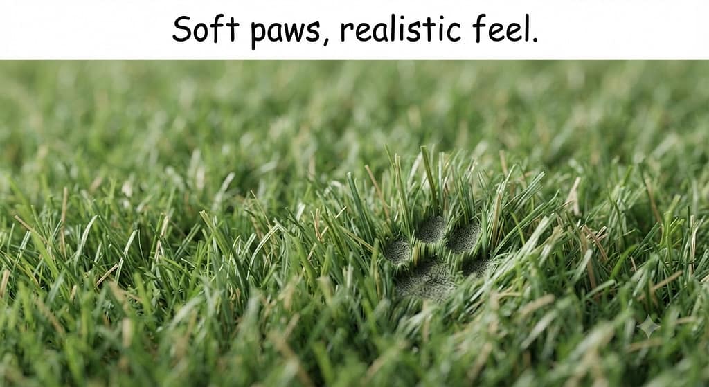 Turf close-up photo Close-up of polyethylene blades, showing softness and density. Text: "Soft paws, realistic feel."