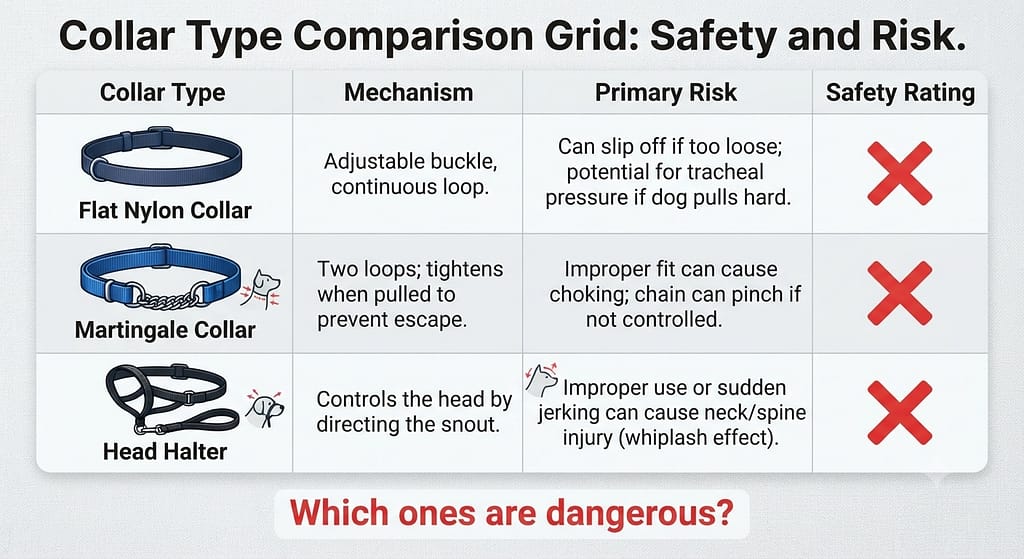 Collar type comparison grid Flat nylon, Martingale, Head halter with ❌ ratings. Text: "Which ones are dangerous?" E
