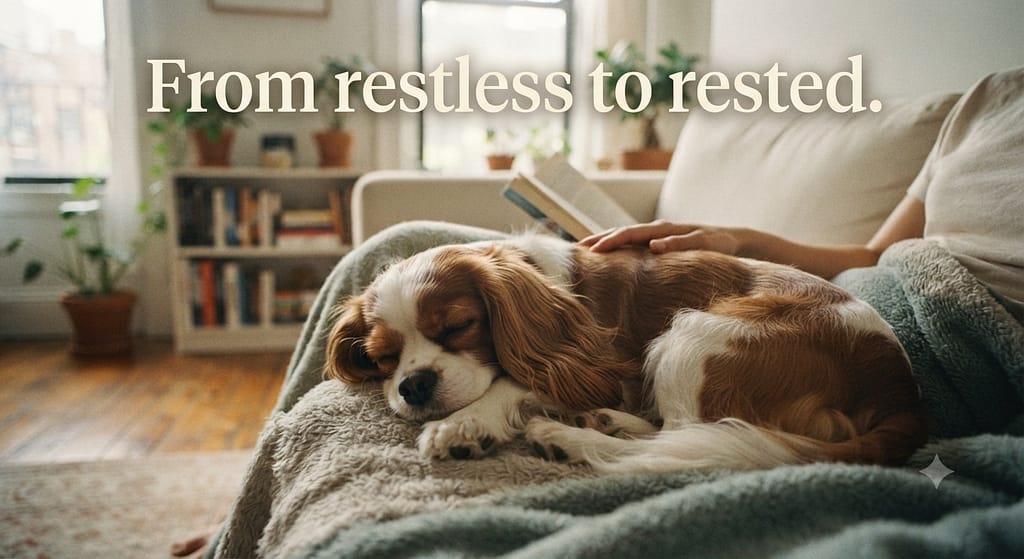 Content Cavalier curled up next to owner, relaxed, calm apartment. Text: "From restless to rested."