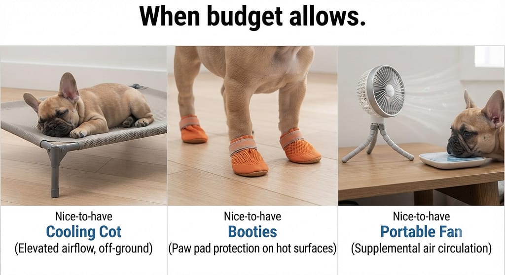 Nice-to-have products grid Cooling cot, booties, portable fan. Text: "When budget allows."