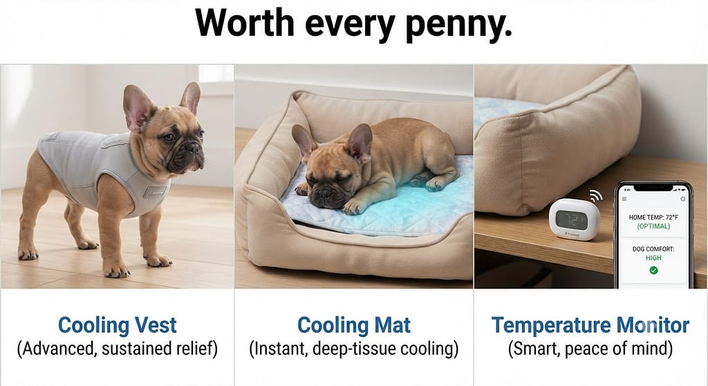 Essential products grid Cooling vest, cooling mat, temperature monitor. Text: "Worth every penny."