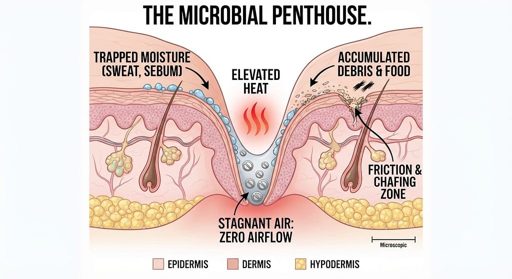 Fold anatomy diagram Cross-section of skin fold showing: zero airflow, moisture trapped, heat, food particles, friction. Text: "The microbial penthouse."
