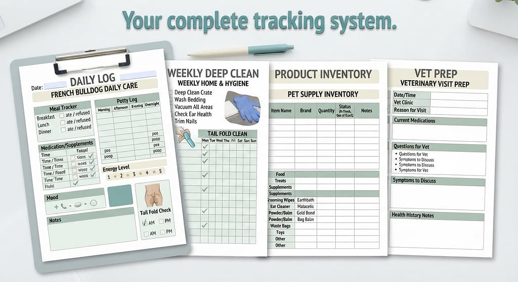 Printable tracker mockup Daily log, weekly deep clean, product inventory, vet prep. Text: "Your complete tracking system."