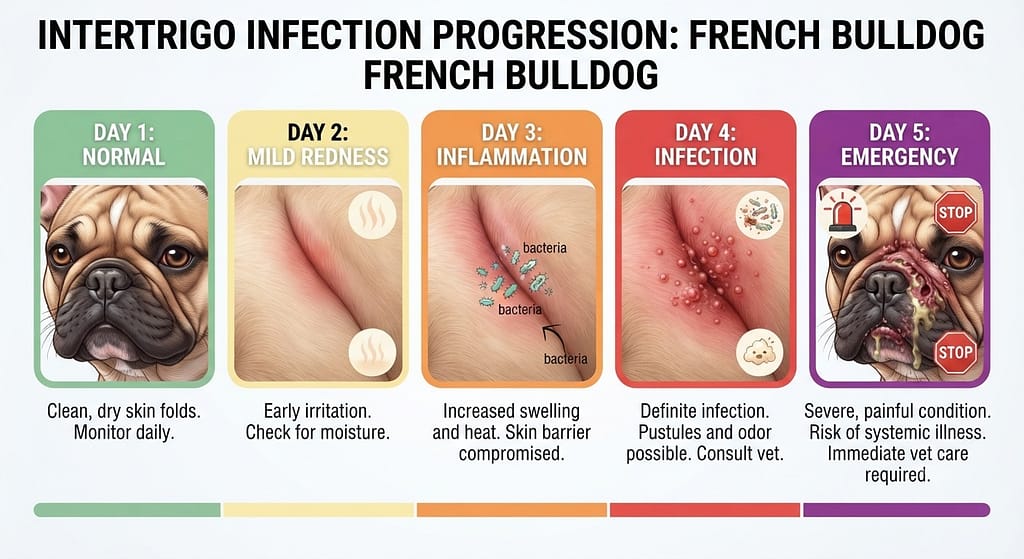 Infection progression graphic Day 1: Normal / Day 2: Mild redness / Day 3: Inflammation / Day 4: Infection / Day 5: Emergency. Color-coded.