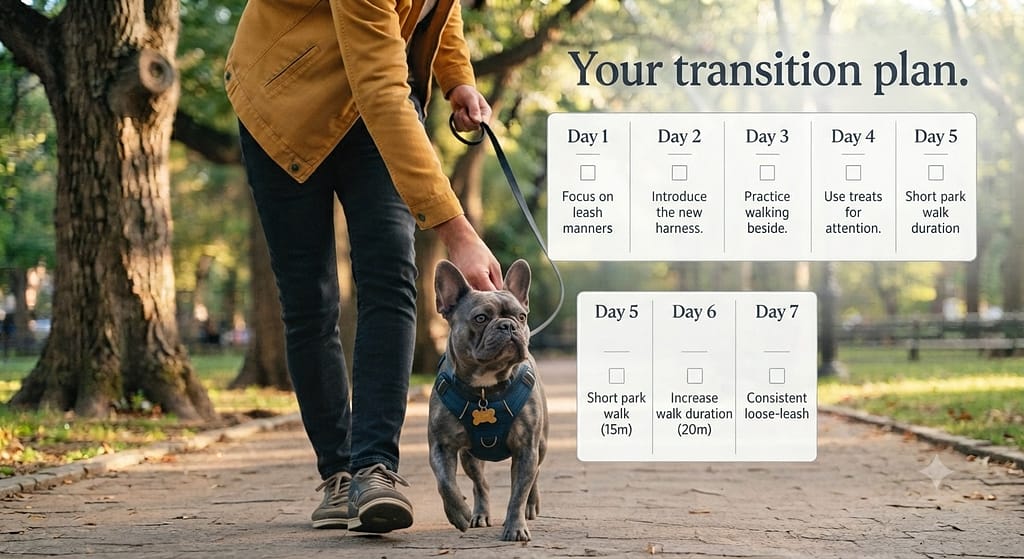 7-day calendar preview Days 1-7 with daily goals and checkboxes. Text: "Your transition plan."