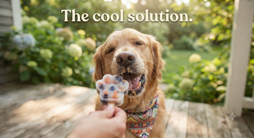 Dog enjoying frozen treat photo Dog blissfully eating frozen treat, happy expression. Text: "The cool solution."
