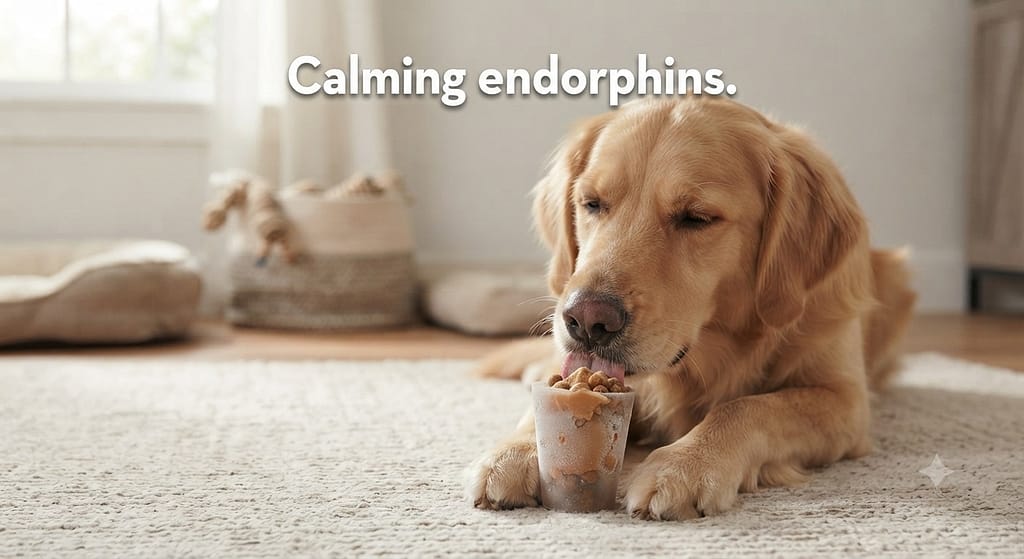 Calm dog licking photo Dog calmly licking a frozen treat, relaxed expression. Text: "Calming endorphins."