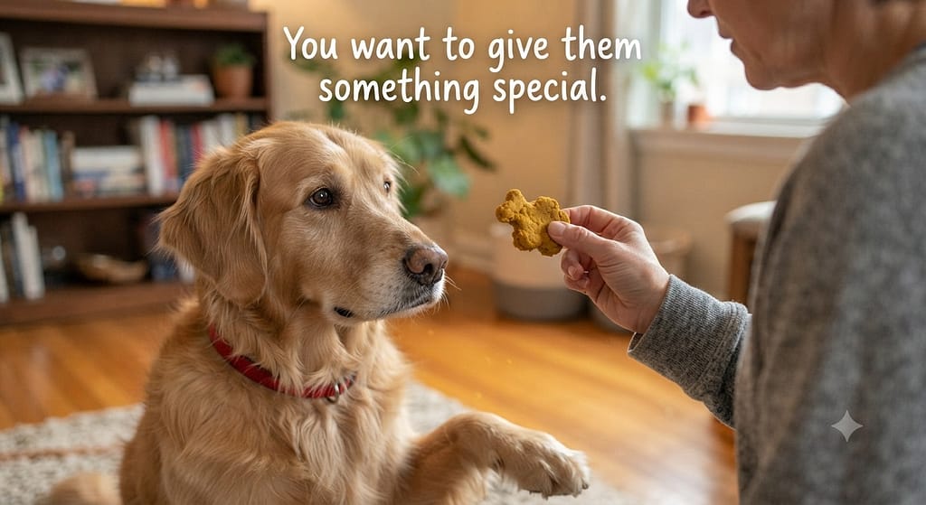 Relatable "begging" photo Dog giving pleading eyes, owner holding snack. Text: "You want to give them something special."